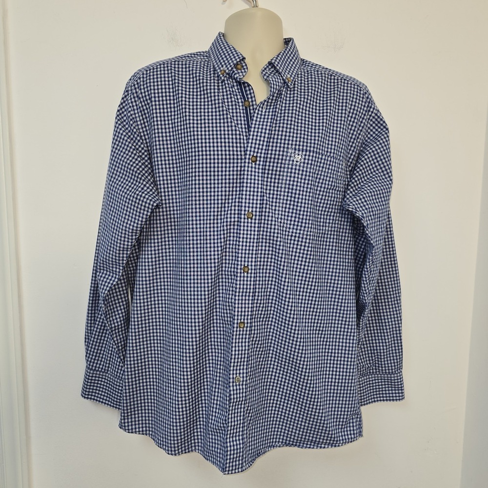 Ariat Pro Series Long Sleeve Gingham Plaid Blue Mens Button Down Shirt Size M
